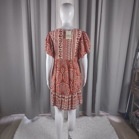 Knox Rose XS Flutter Sleeve Boho Ruffle Dress Orange White NWT Cotton Blend - Picture 4 of 11